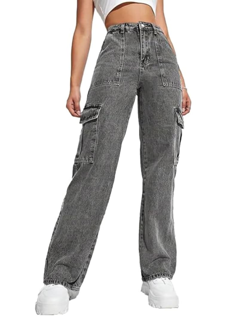 Women High Rise Wide Leg Cargo Jeans – Stylish Baggy Denim Pants with Utility Pockets