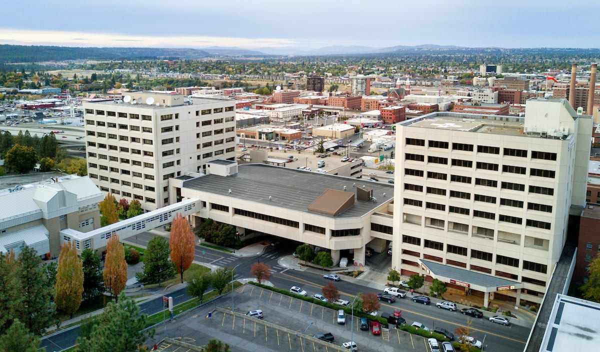 Overheard shot of hospital in a city