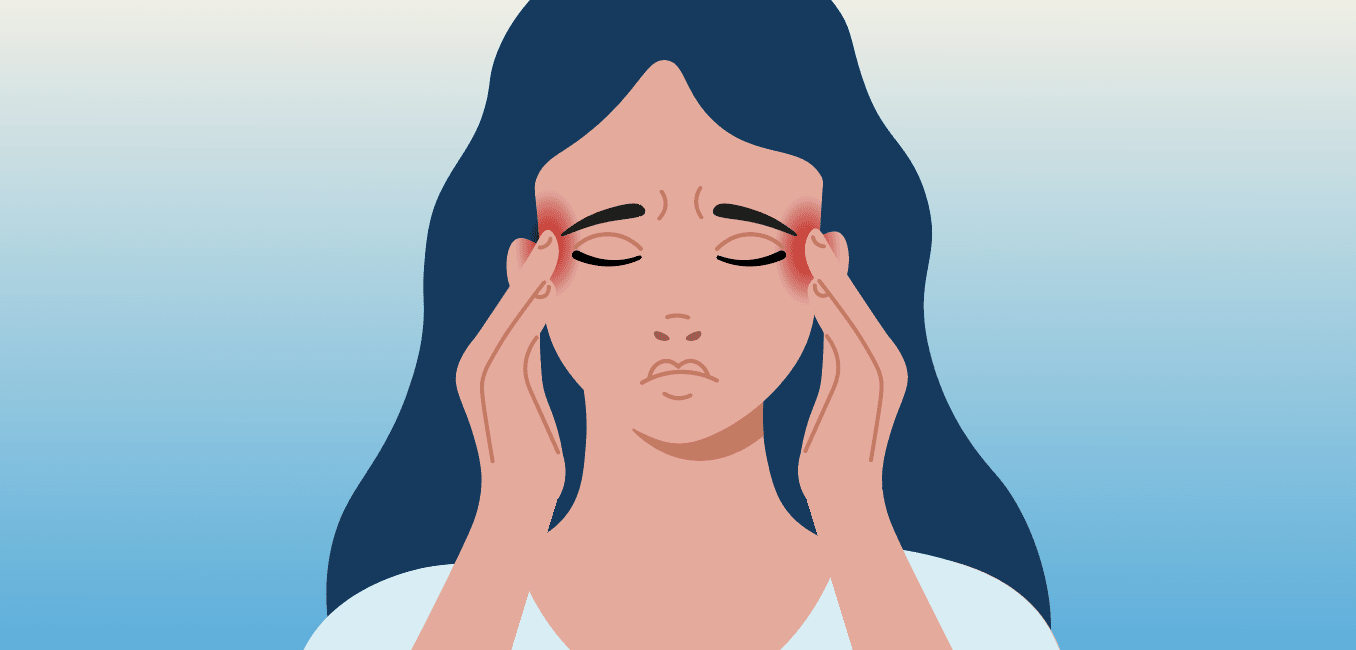 Illustration of a woman pressing fingers to her temples with eyes closed, as if in pain