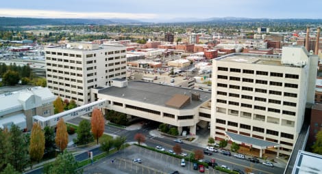 Overheard shot of hospital in a city