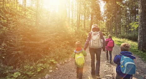 Mother and kids hiking through woods