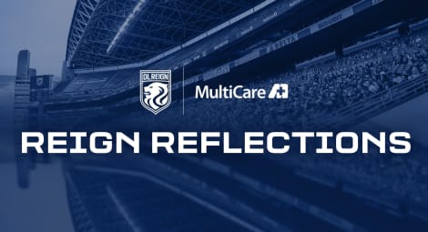 The OL Reign logo, MultiCare logo and white text reading “Reign Reflections” on top of a blue-tinted photo of a crowd at Lumen Field in Seattle