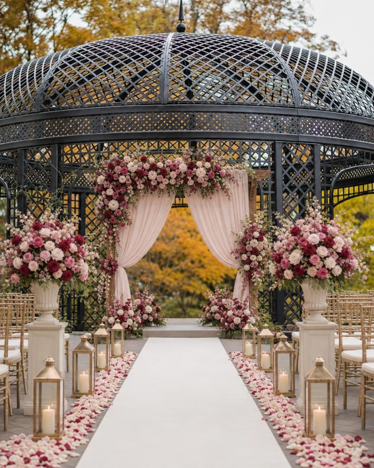 Garden ceremony concept with a blush and burgundy floral arch, draping and aisle lanterns