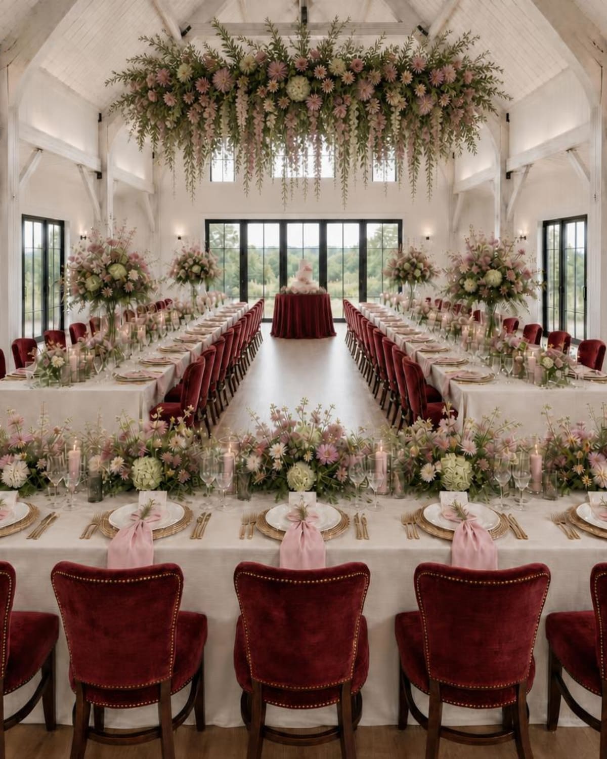 White barn reception concept with burgundy chairs, ivory linens, blush flowers and a hanging floral installation