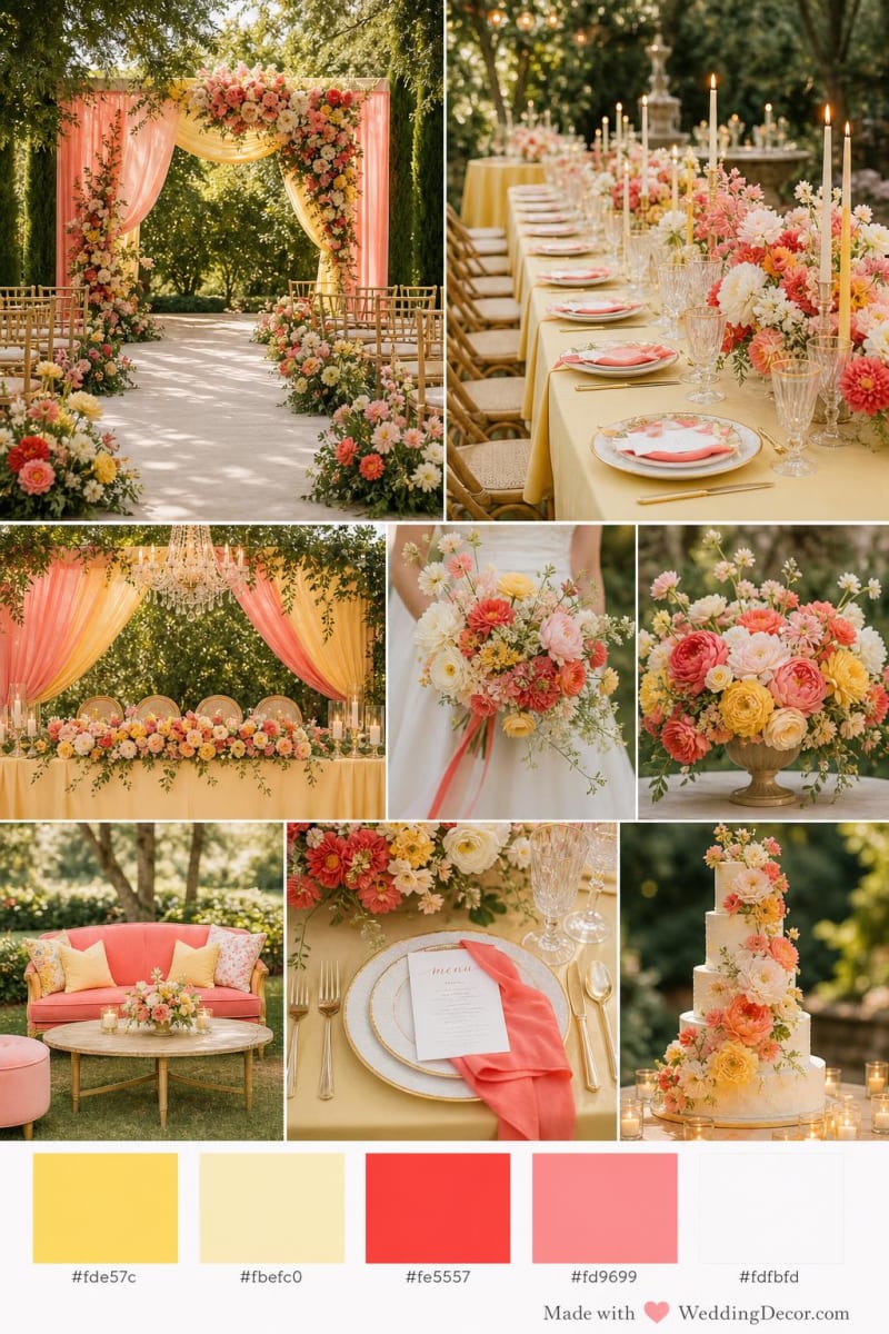 Garden wedding mood board with coral and yellow flowers