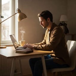 A man sits on a chair near a sunlit window while using a laptop. There is a cup of hot coffee on the table.