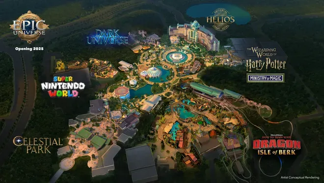 As cinco áreas do Universal Epic Universe reveladas: Celestial Park, Super Nintendo World, Dark Universe, The Wizarding World of Harry Potter: Ministry of Magic e How to Train Your Dragon: Isle of Berk. | Reprodução: Universal Orlando Resort