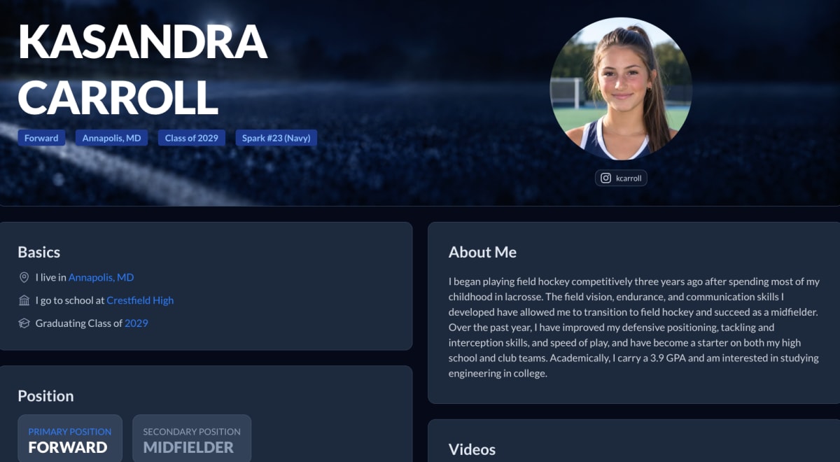 A recruit profile with name, position, hometown and bio