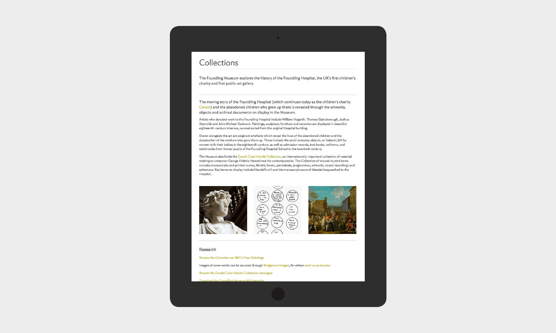 Foundling Museum collections webpage on ipad