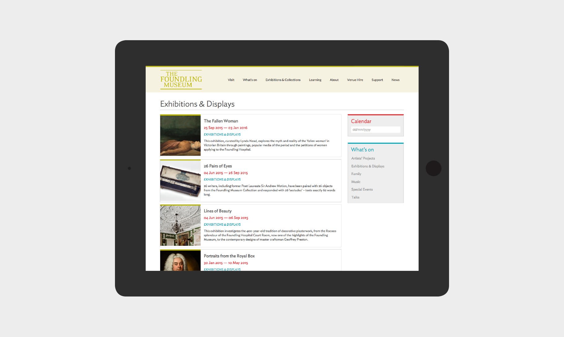 Foundling Museum Exhibitions webpage on ipad