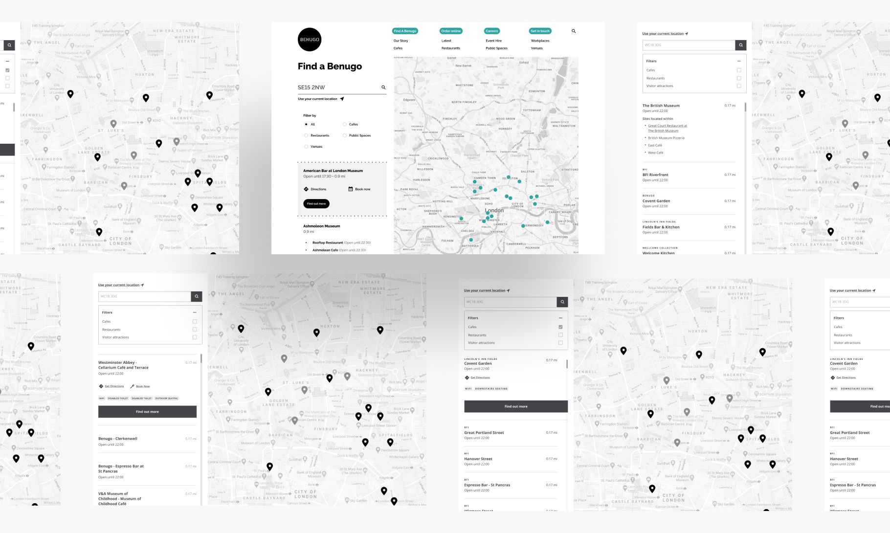 Wireframes showing How to find a Benugo