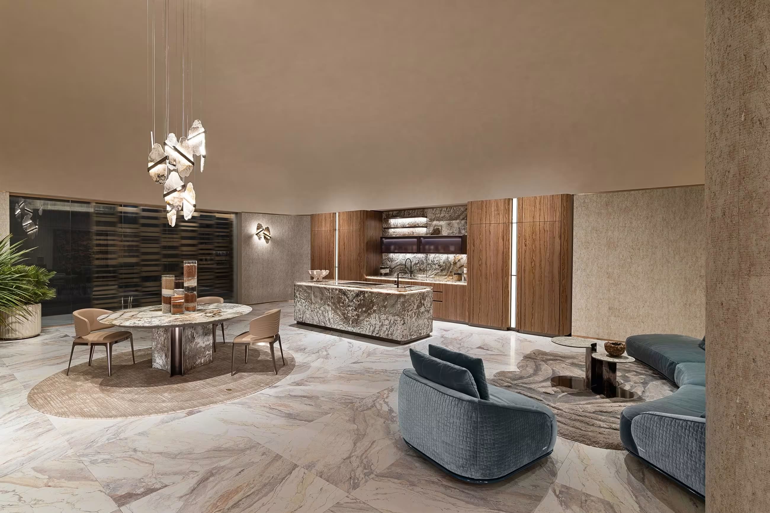 Luxury interior space featuring custom-designed sofas and handcrafted marble coffee table by D&D Design Center in Brooklyn.