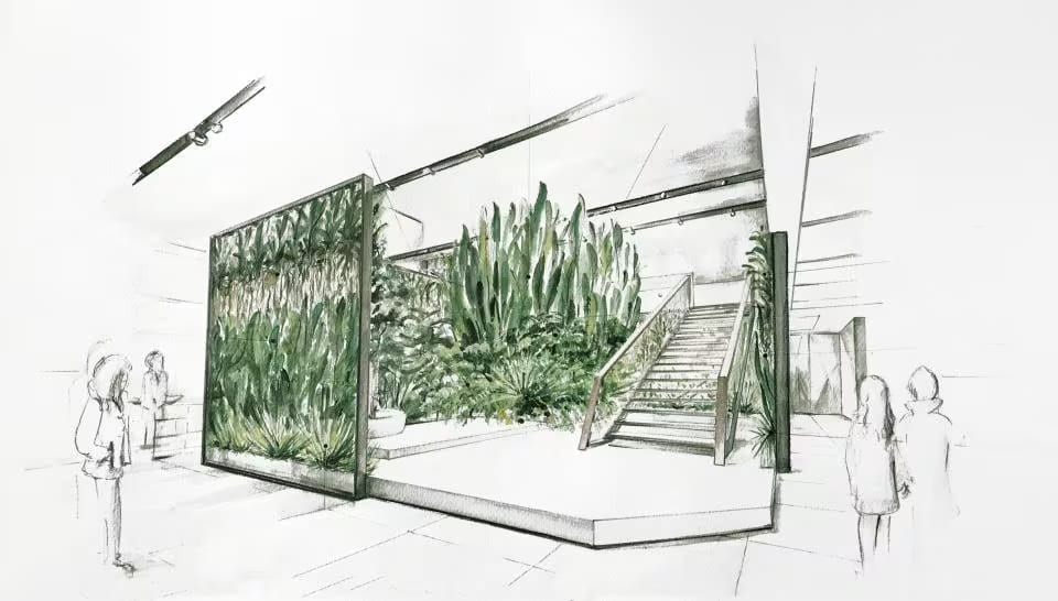 Hand-drawn architectural concept of a sustainable interior design project by D&D Design Center.