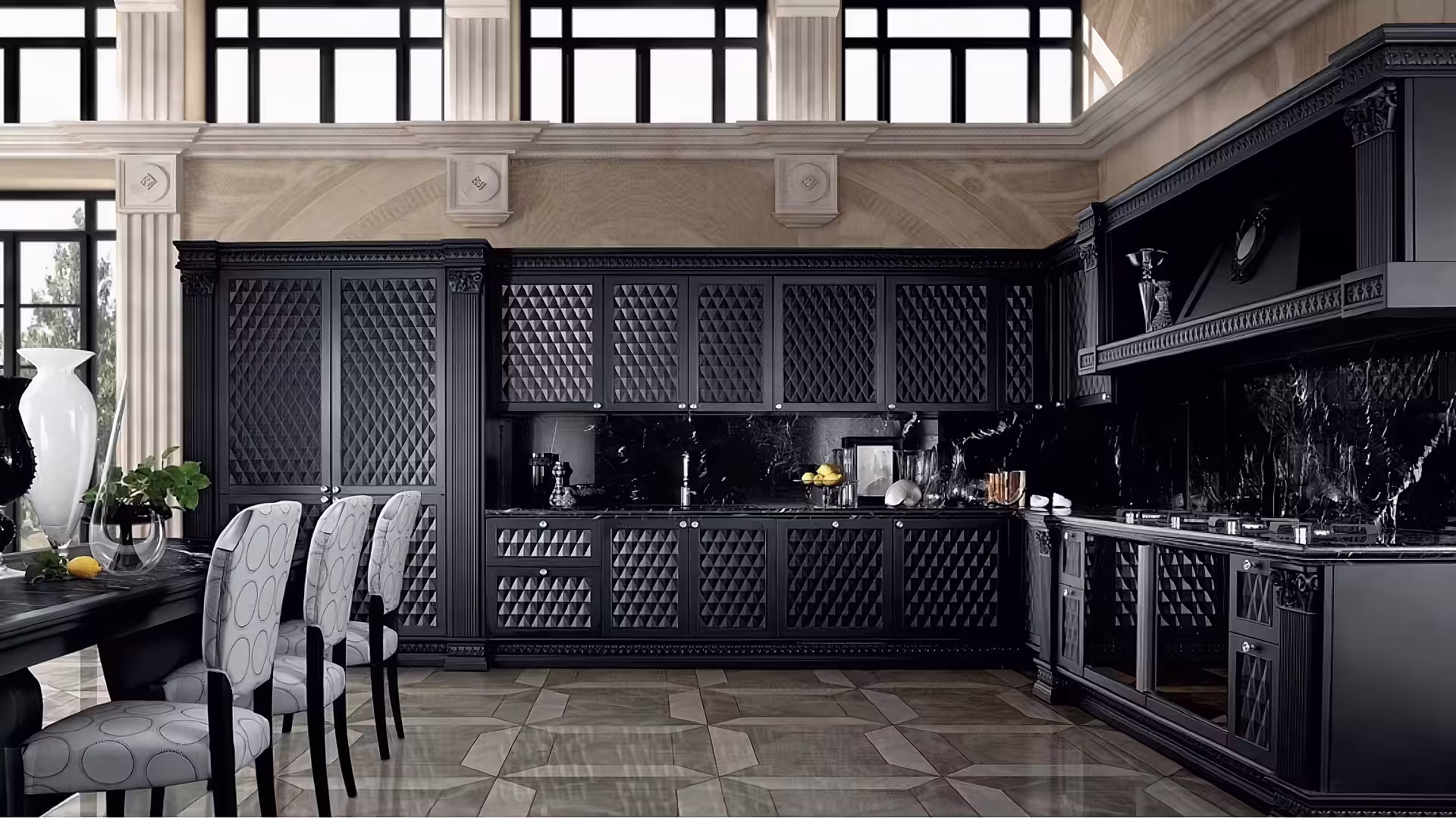 Traditional Italian kitchen with framed painted doors, moldings and a furniture-style island