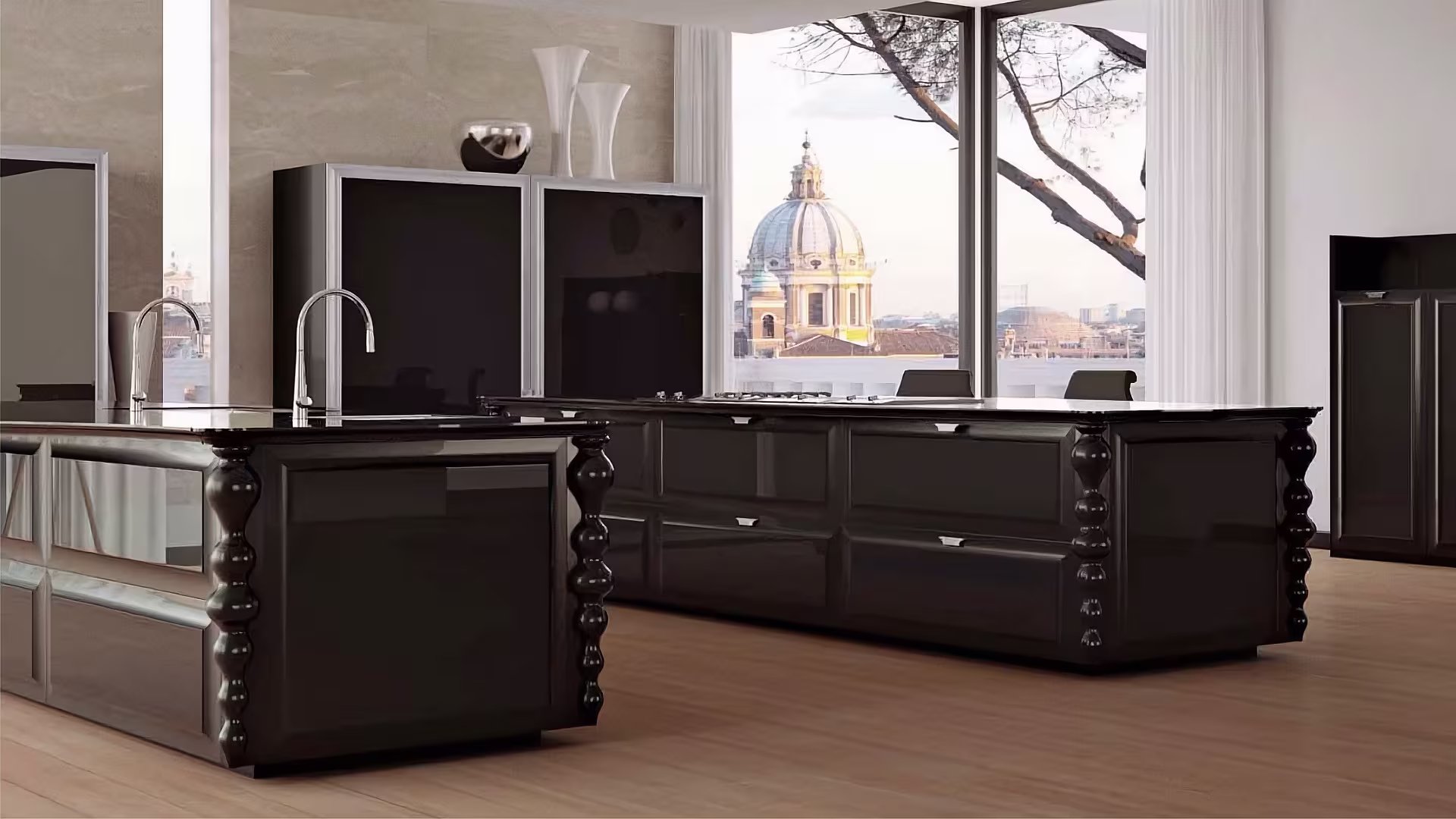 Elegant Art Deco kitchen with marble countertops