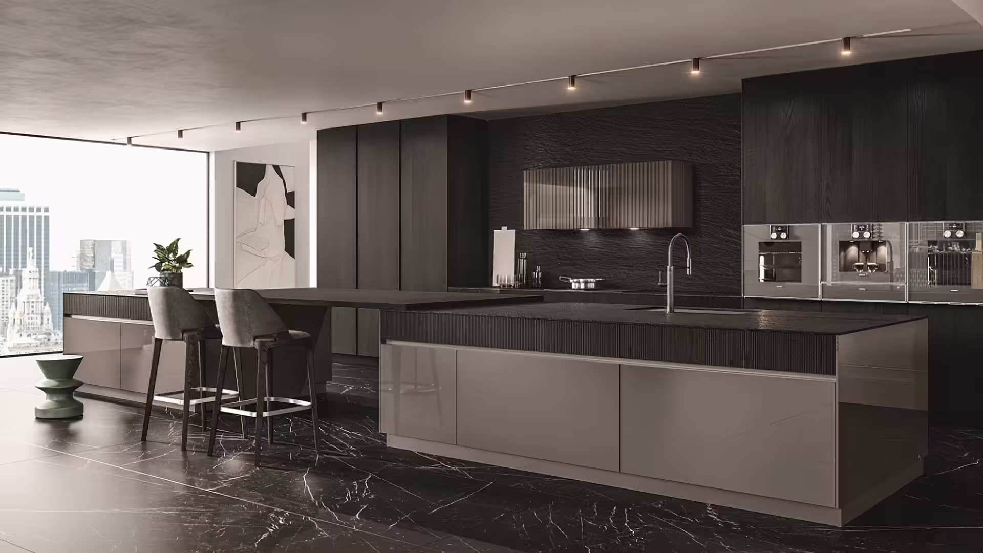Art Deco kitchen with marble backsplash and bold geometry