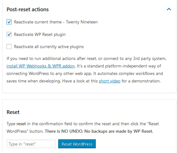 reset wordpress database & files