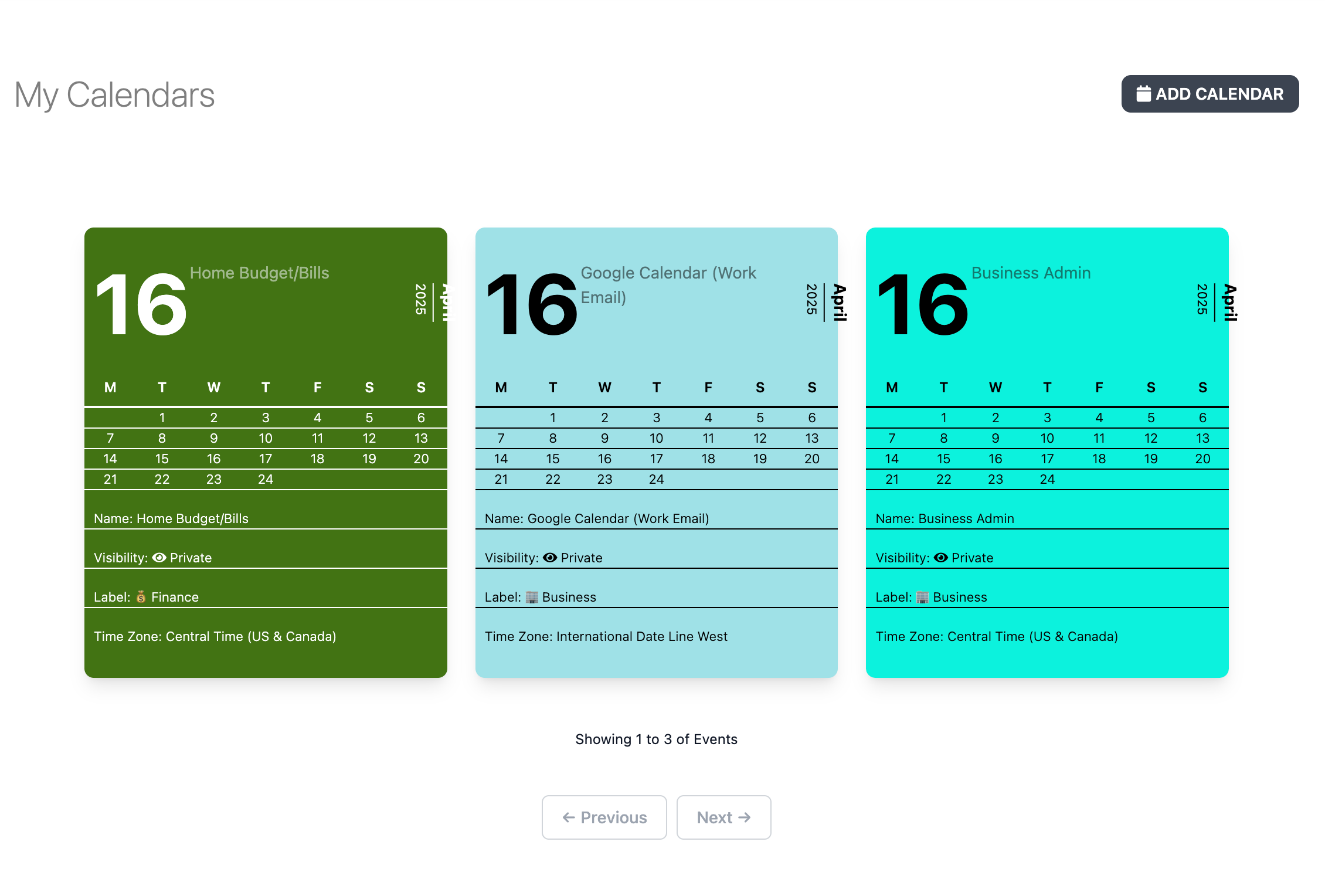 Multiple calendars interface