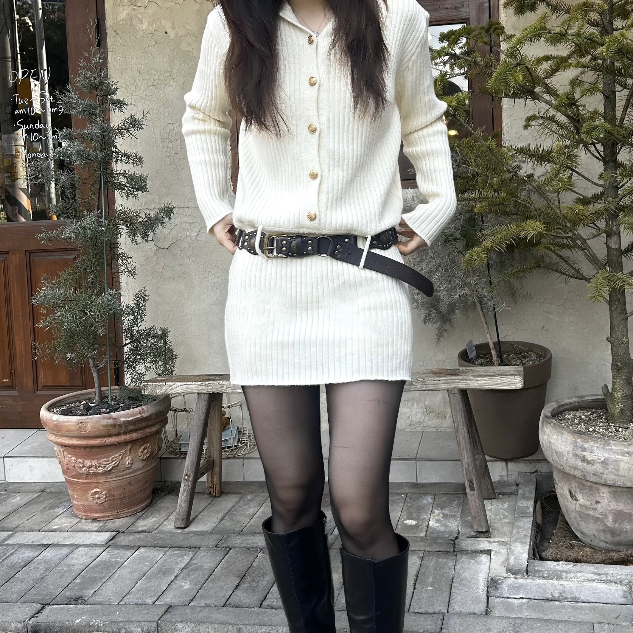 [-3kg 몸매보정 핏 개강룩] 크림 여리핏 골지 후드 페미닌 니트 미니원피스 (벨트는 선택사항)