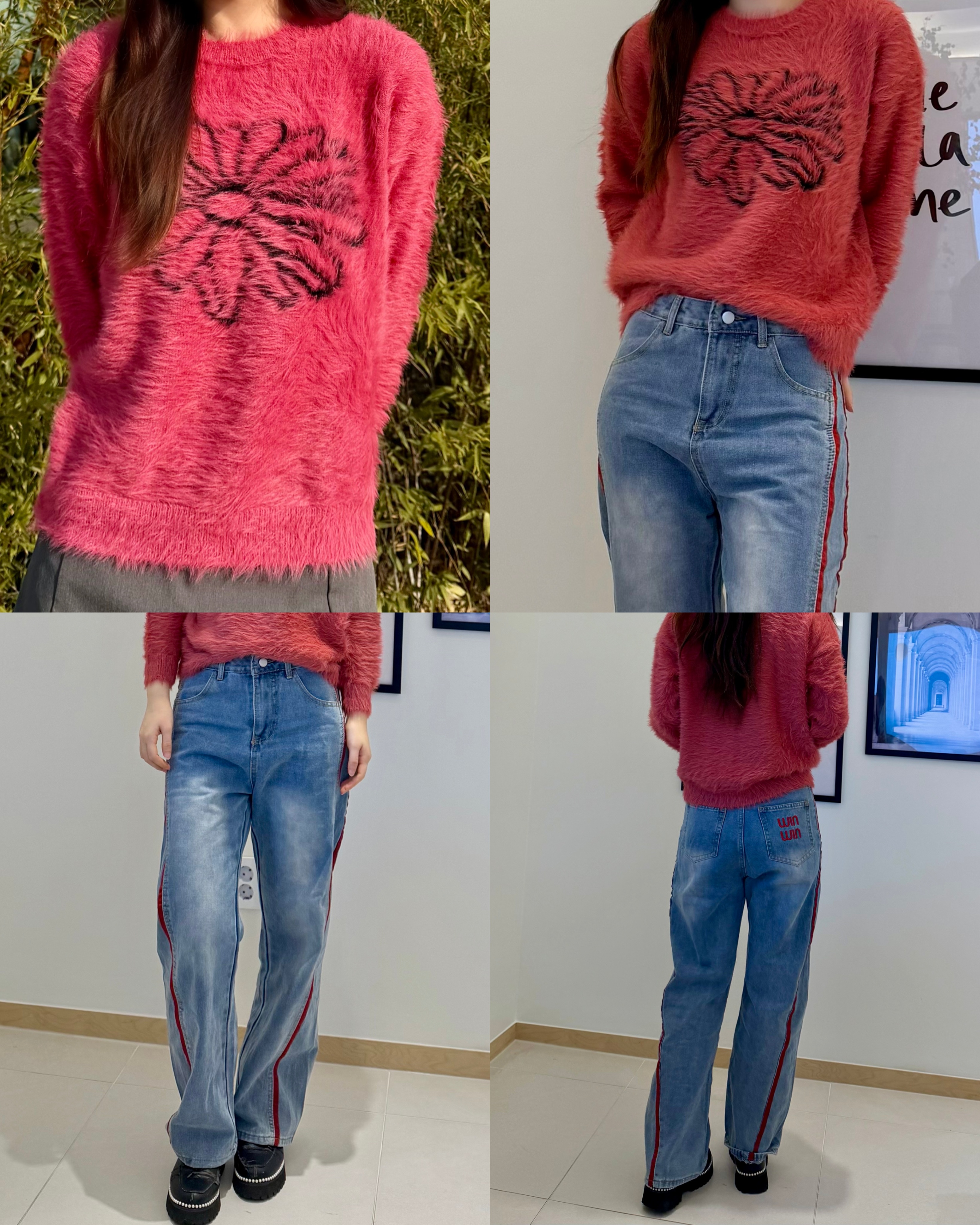 [세트상품] 레드 헤어리 니트 + 연청 레드라인 와이드 데님 하이틴 청순 스트릿 세트코디