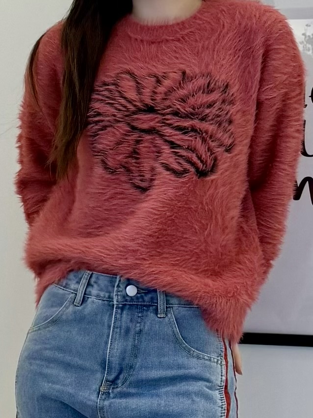 [세트상품] 레드 헤어리 니트 + 연청 레드라인 와이드 데님 하이틴 청순 스트릿 세트코디