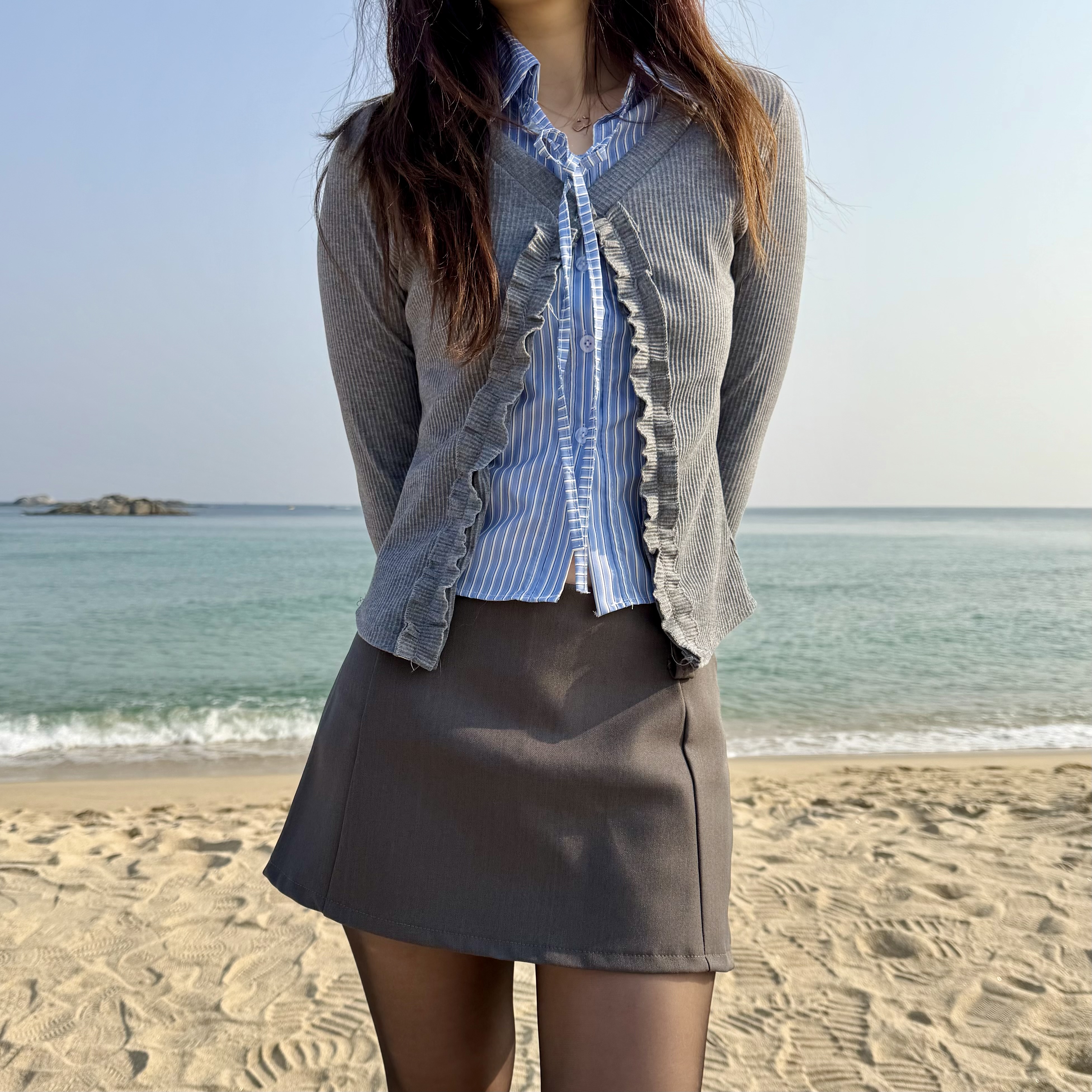 [세트상품] 프릴 가디건 레이어드 + A라인 미니스커트 청순 하이틴 세트코디