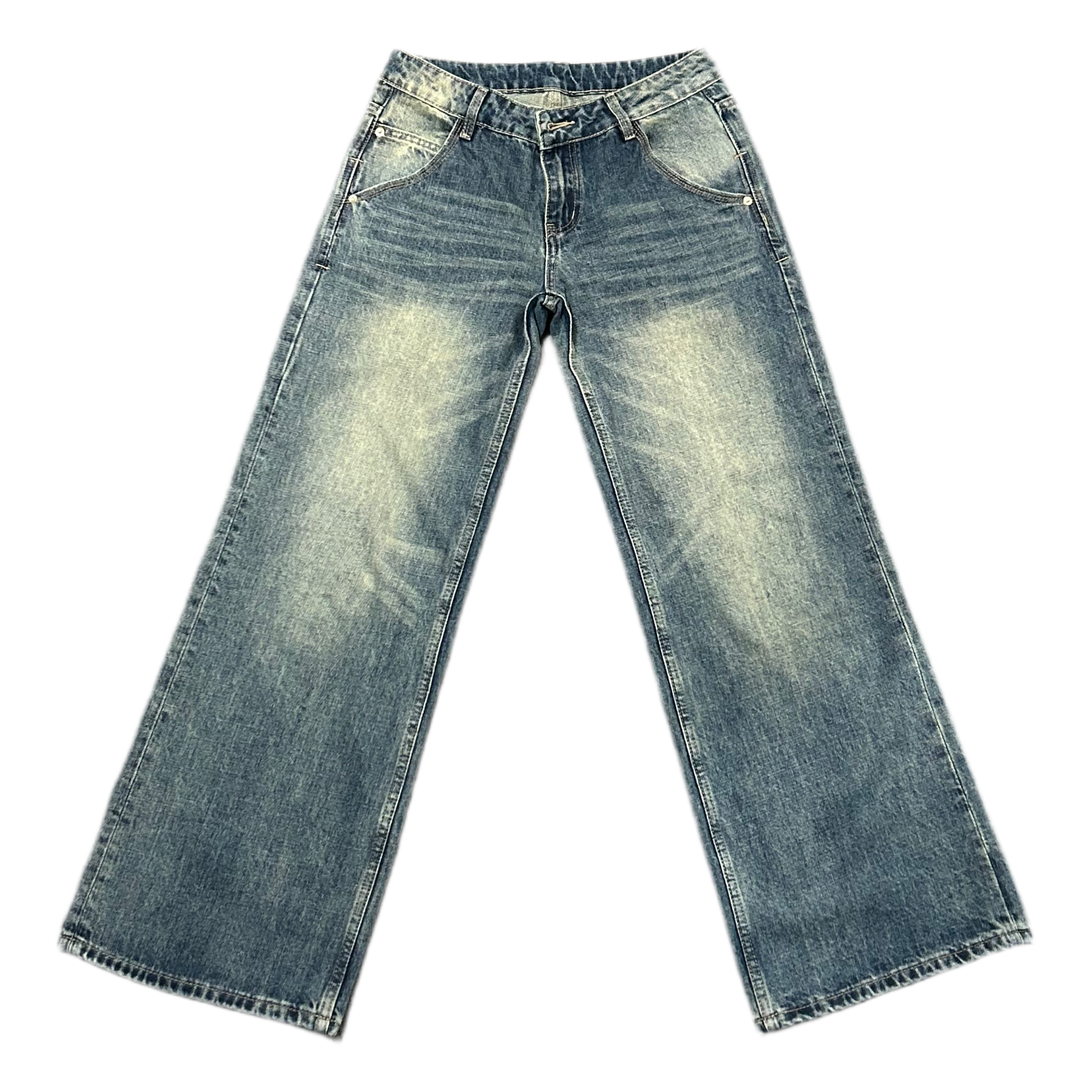 로우라이즈 힙무드 빈티지 워싱 와이드 데님 청바지 팬츠