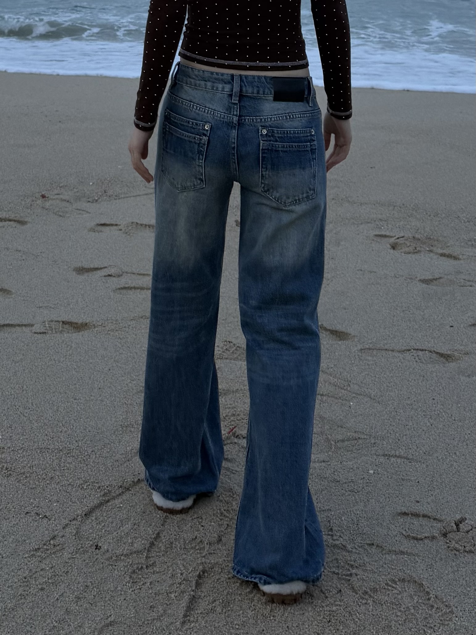 로우라이즈 힙무드 빈티지 워싱 와이드 데님 청바지 팬츠