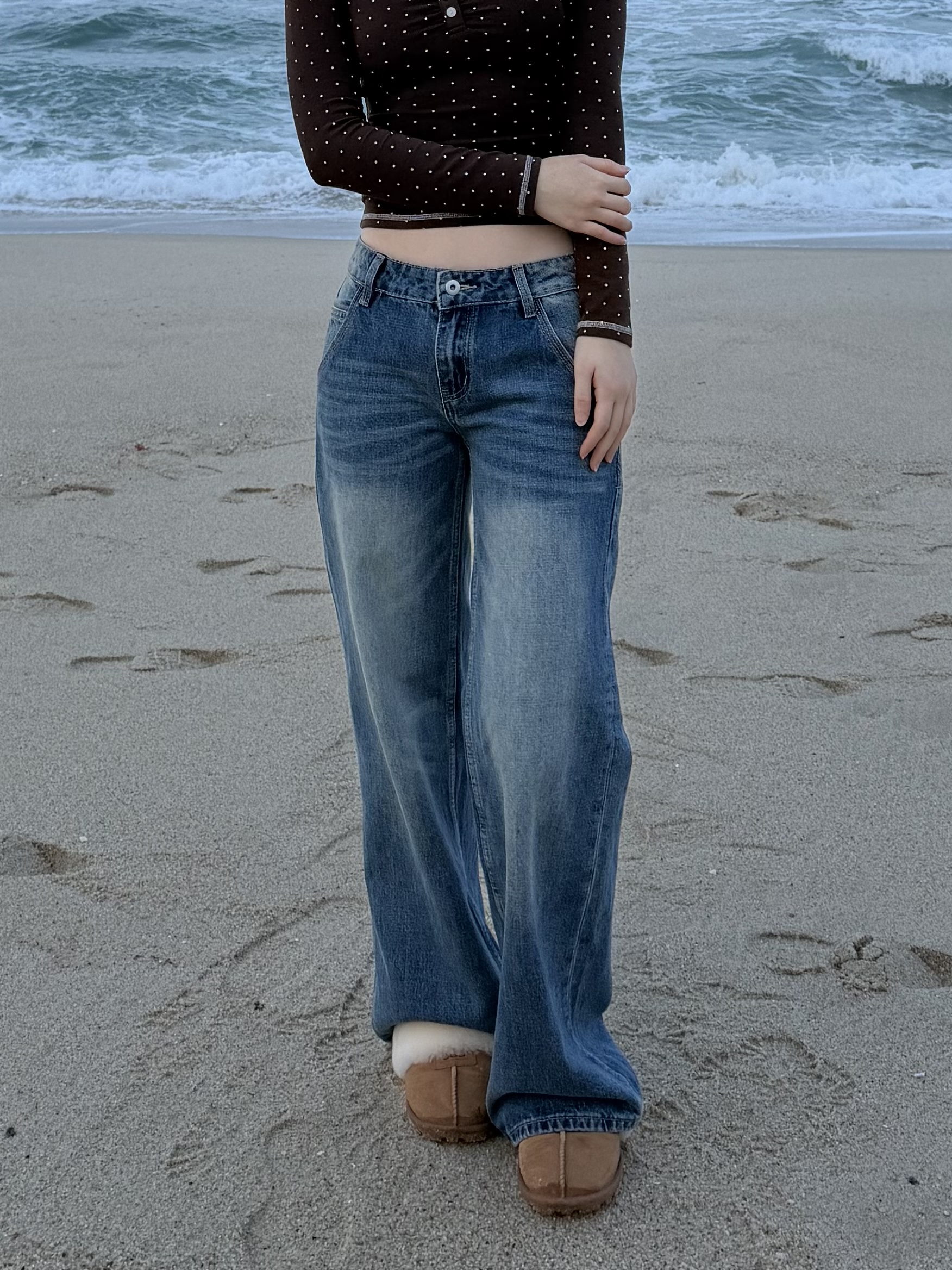 로우라이즈 힙무드 빈티지 워싱 와이드 데님 청바지 팬츠