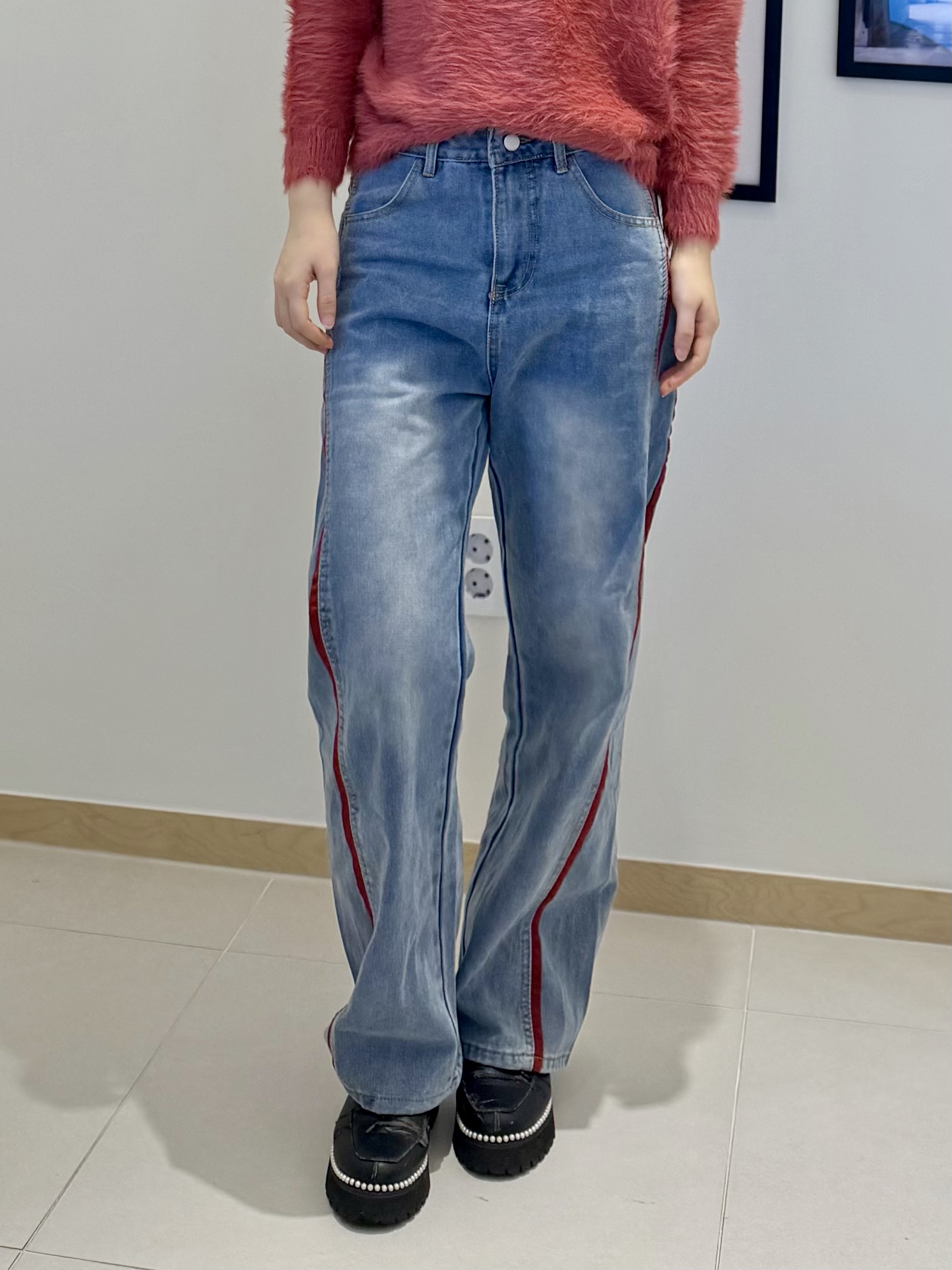 빈티지 연청 레드라인 와이드 데님팬츠 스트릿 하이틴 포인트 데님 청바지 팬츠