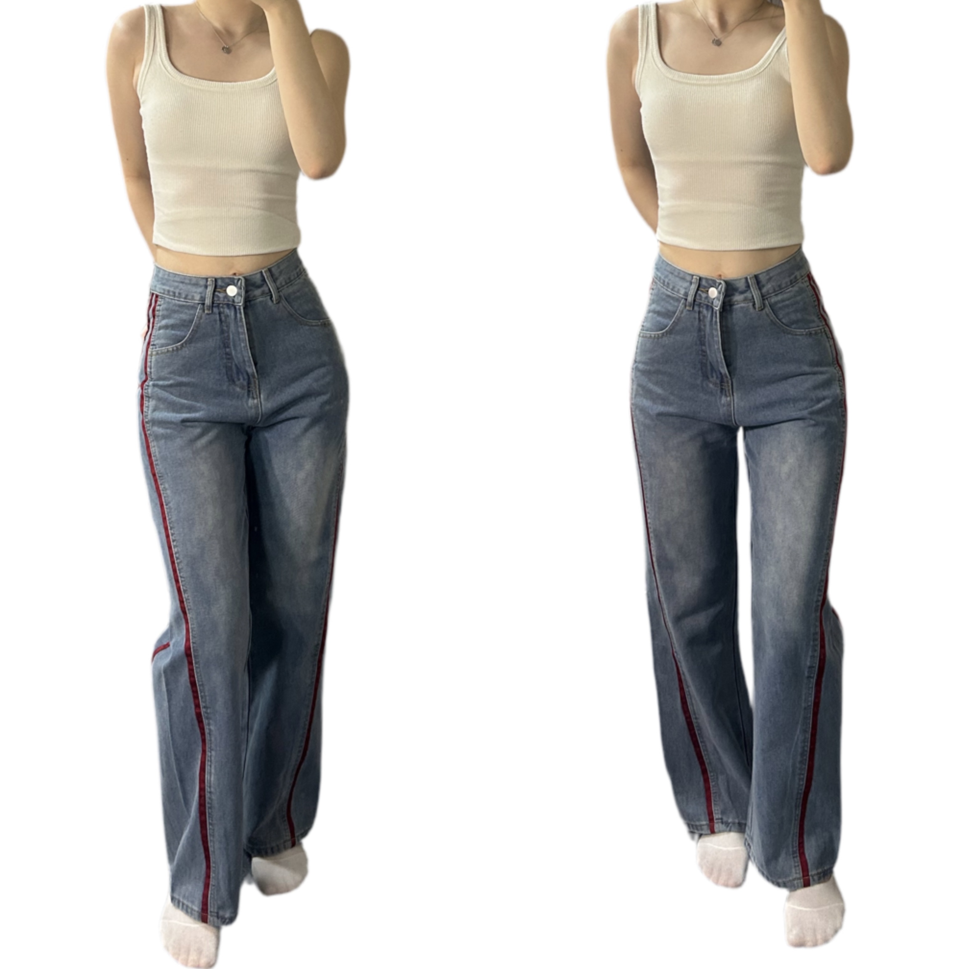 빈티지 연청 레드라인 와이드 데님팬츠 스트릿 하이틴 포인트 데님 청바지 팬츠