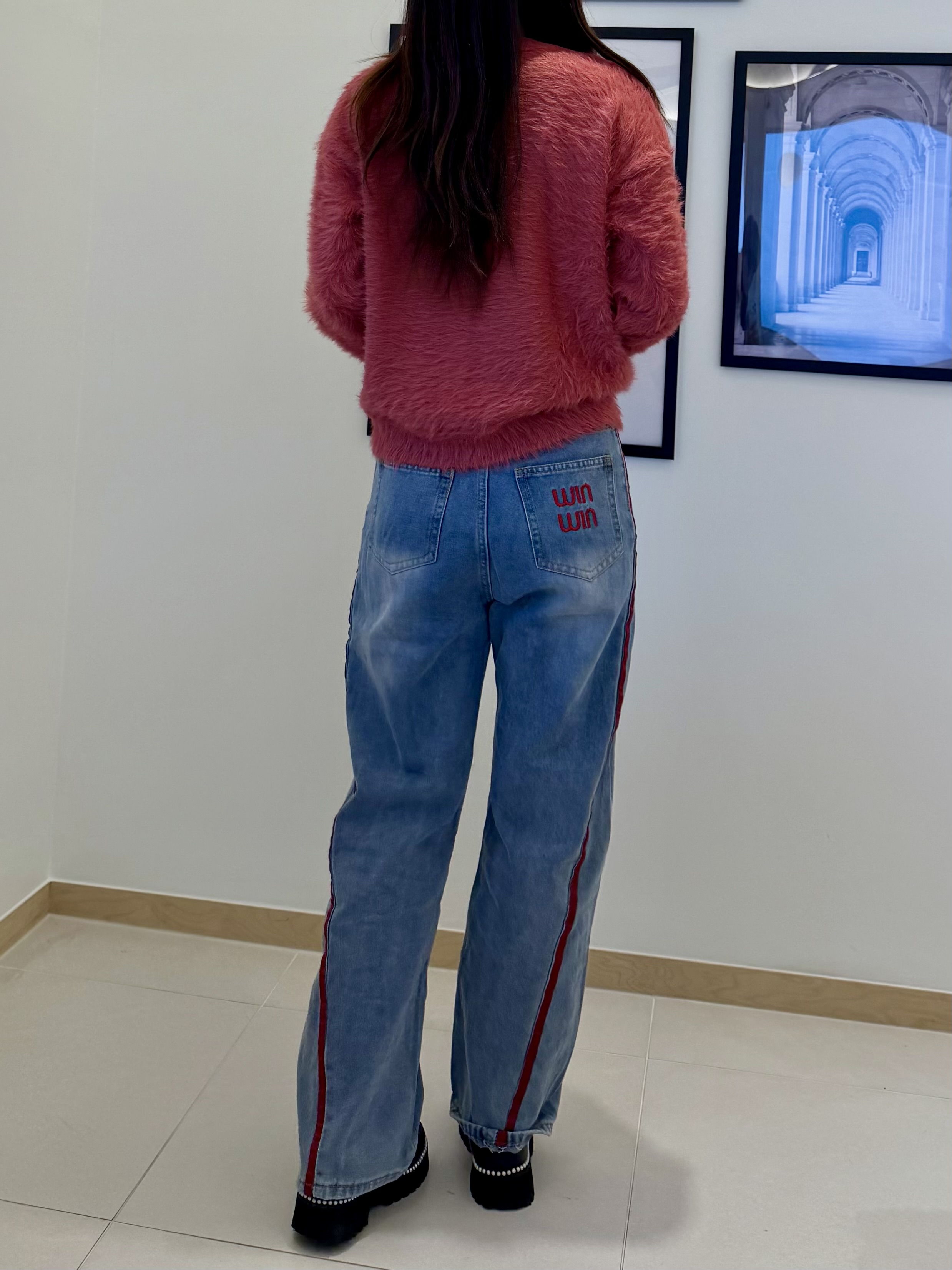 빈티지 연청 레드라인 와이드 데님팬츠 스트릿 하이틴 포인트 데님 청바지 팬츠