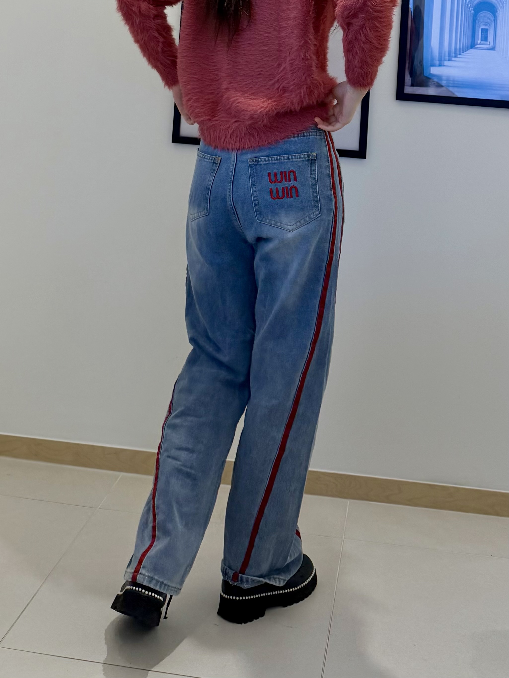 빈티지 연청 레드라인 와이드 데님팬츠 스트릿 하이틴 포인트 데님 청바지 팬츠