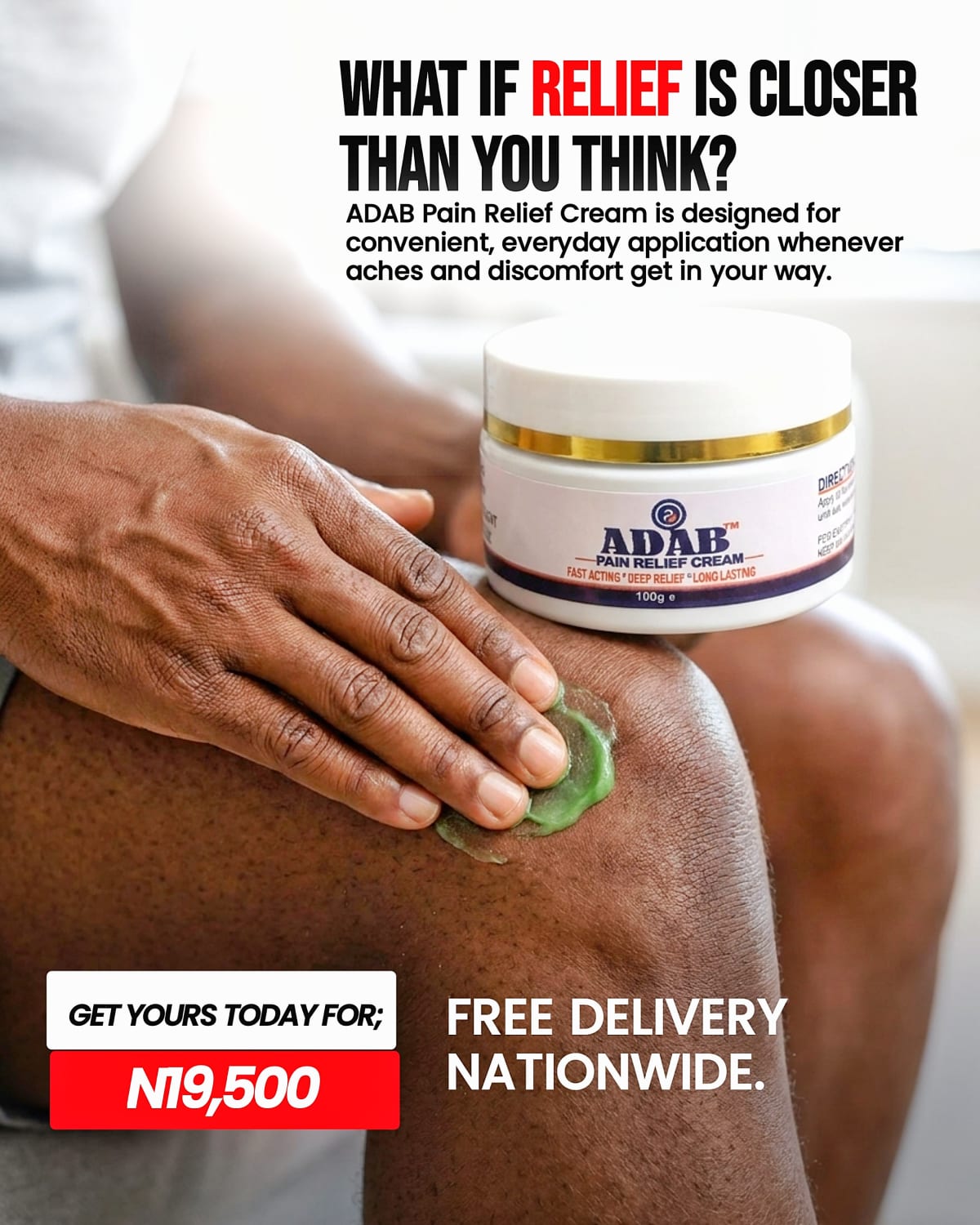 ADAB cream beside a knee massage routine