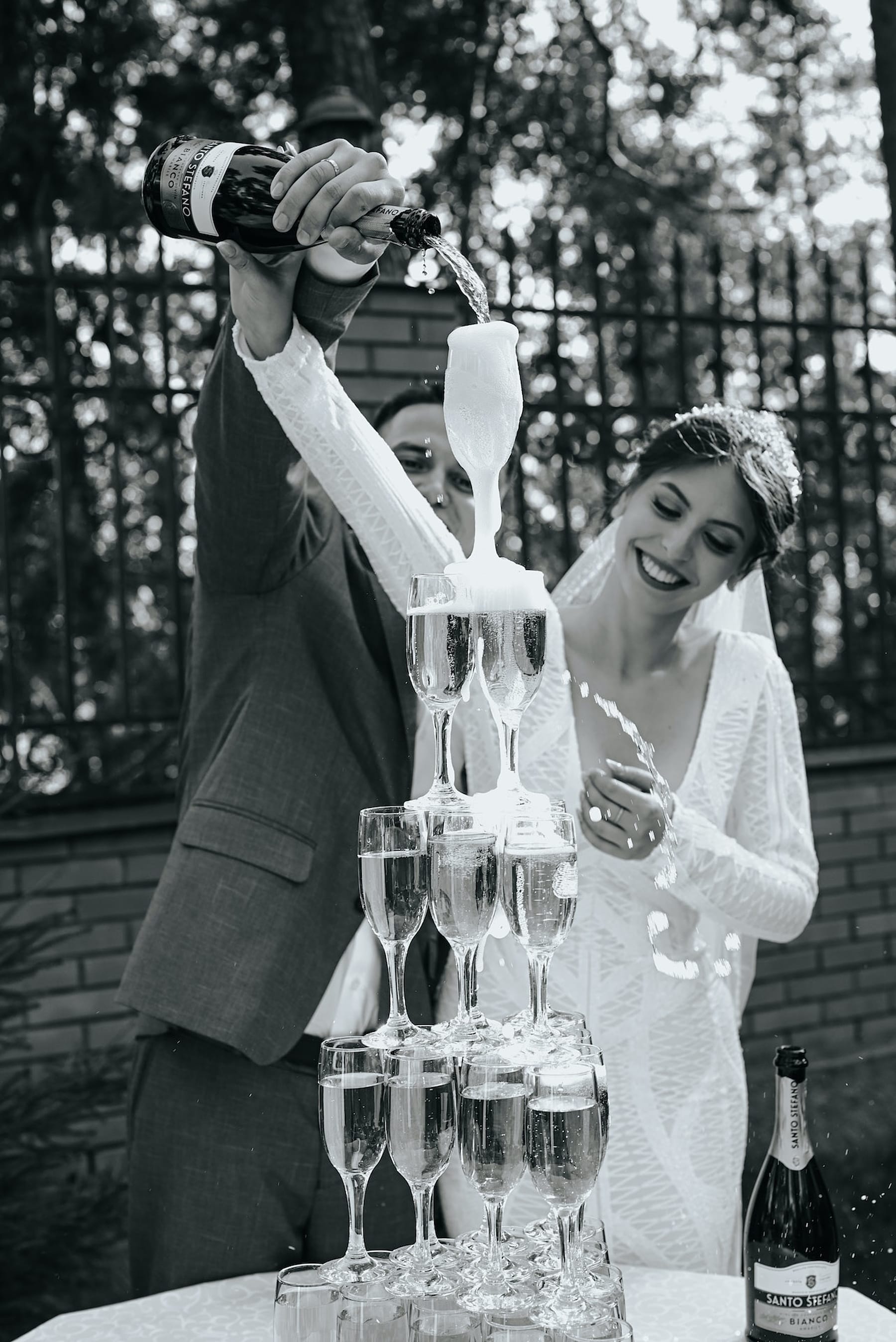 Bride and Groom with Champagne Tower