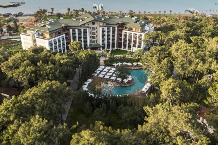 Aerial view of pool and gardens