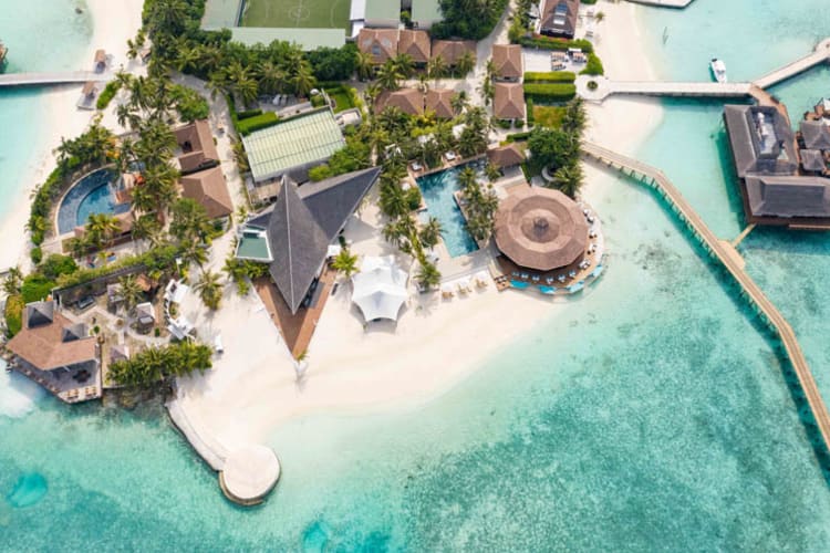 Ozen Reserve Bolifushi Aerial view of pools and dining
