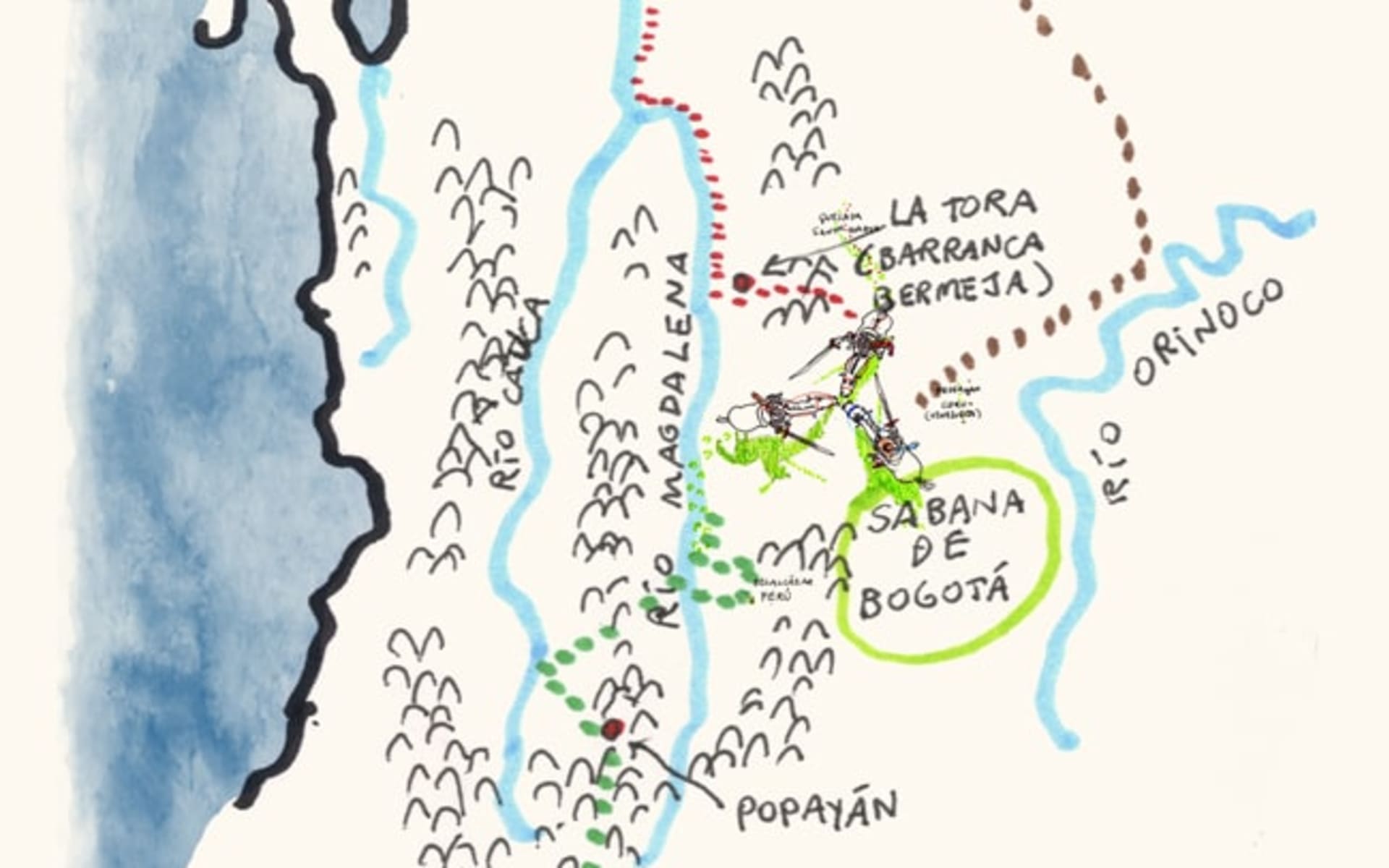 Mapa antiguo que ilustra la posible ruta de la expedición de Quesada por el altiplano cundinamarqués
