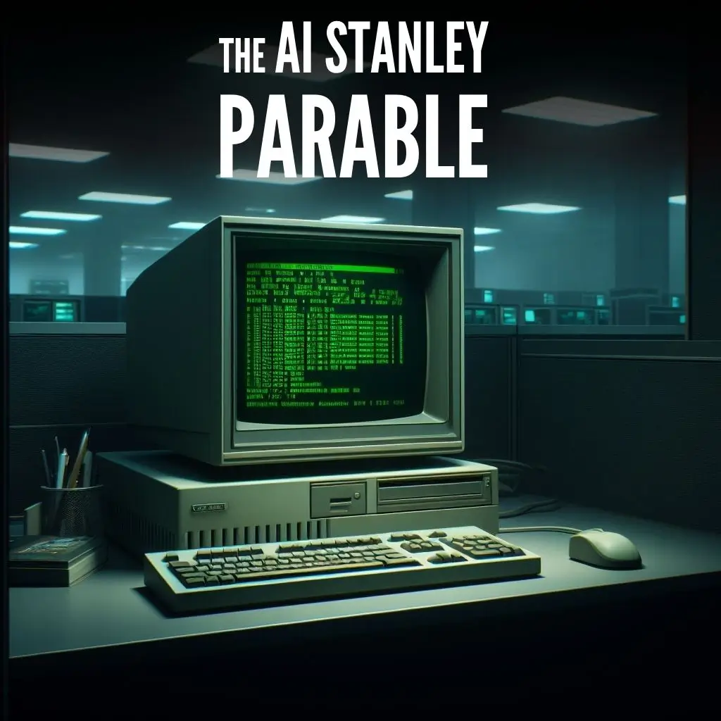 A dark office that shows a CRT monitor with a terminal on it. The image has the text "The AI Stanley Parable" on it.