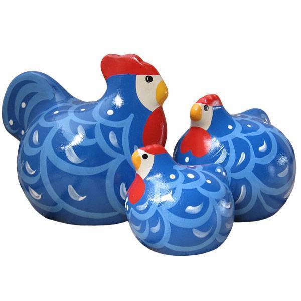 Three blue ceramic chickens.
