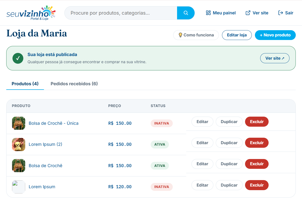 Painel do lojista no computador