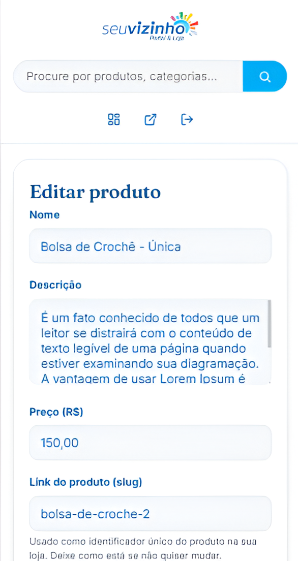 Painel do lojista no celular