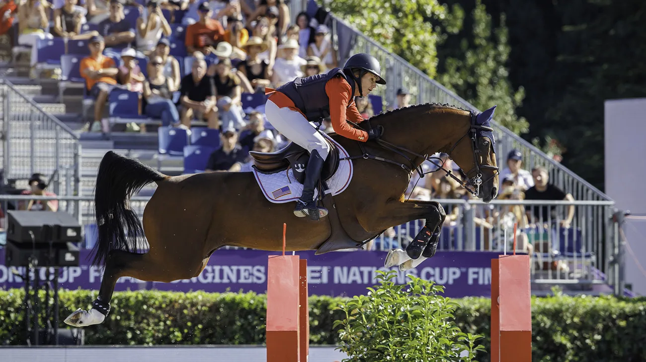 USA-Laura Kraut rides Dorado 212 during the Final Competition for the 2023 CSIO Barcelona | FEI Jumping Nations Cup Final. Real Club de Polo de Barcelona. Sunday 01 October. Copyright Photo: Libby Law Photography