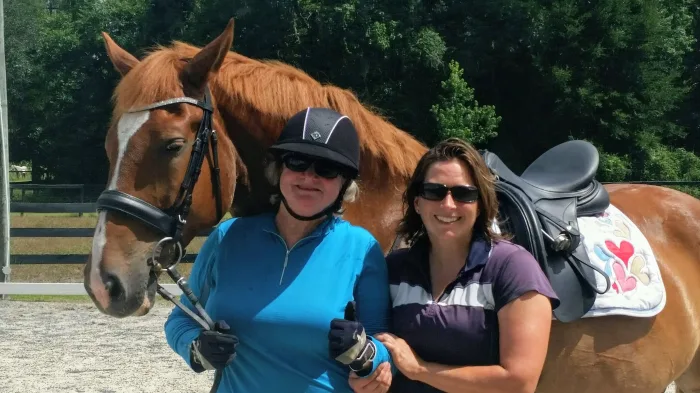 Nancy Bolton and Amber Kimball after Nancys first ride on Kellen 2013