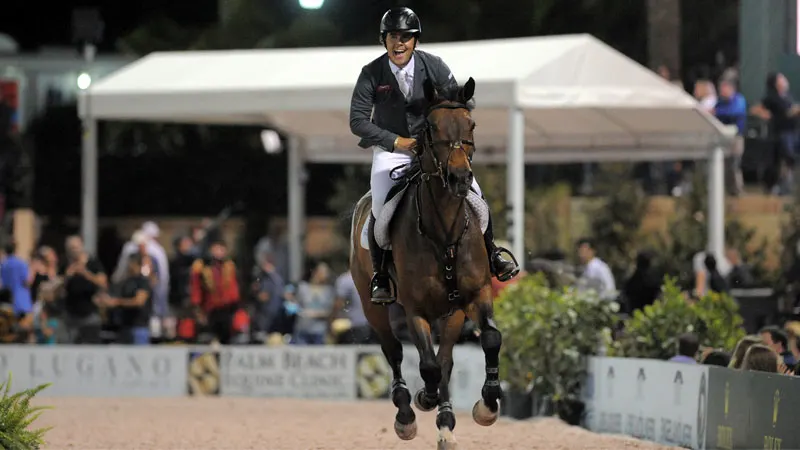 Todd Minikus and Andre Thieme shook hands after finishing one-two in the $100,000 Longines FEI Ocala World Cup Qualifier. Photo by Ann Glavan