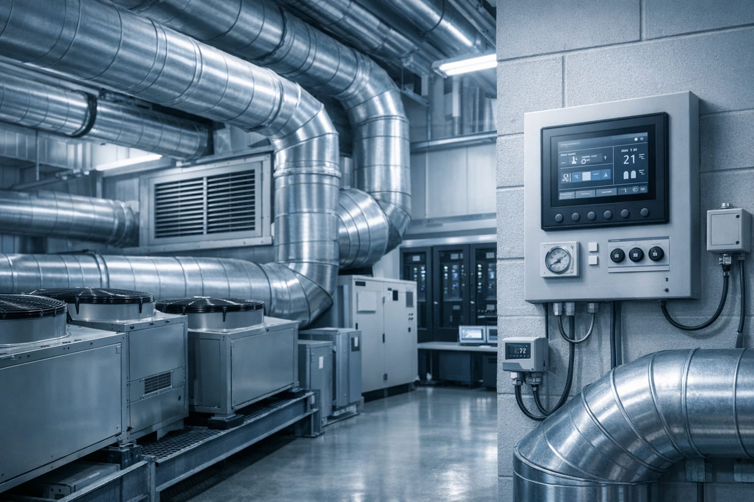 Sala técnica de climatización industrial con ductos, sensores y tablero de control climático