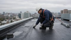 Técnico realizando mantenimiento de techumbres en un edificio corporativo de Chile
