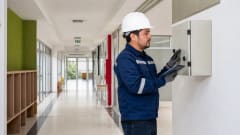 Técnico realizando mantenimiento preventivo en un colegio de Chile