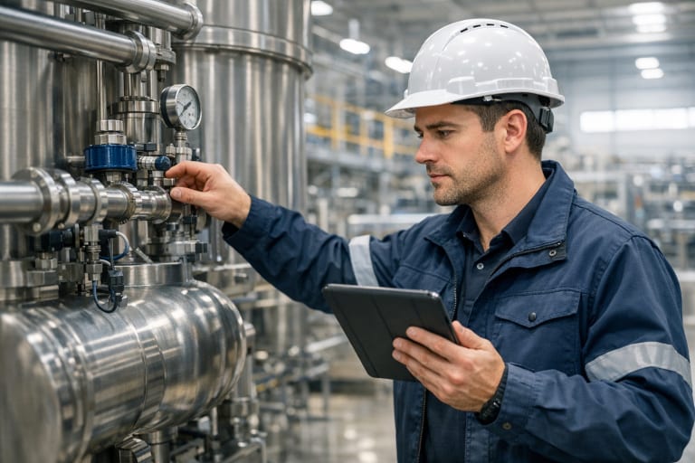 Técnico revisando maquinaria industrial como parte de un plan de mantenimiento preventivo