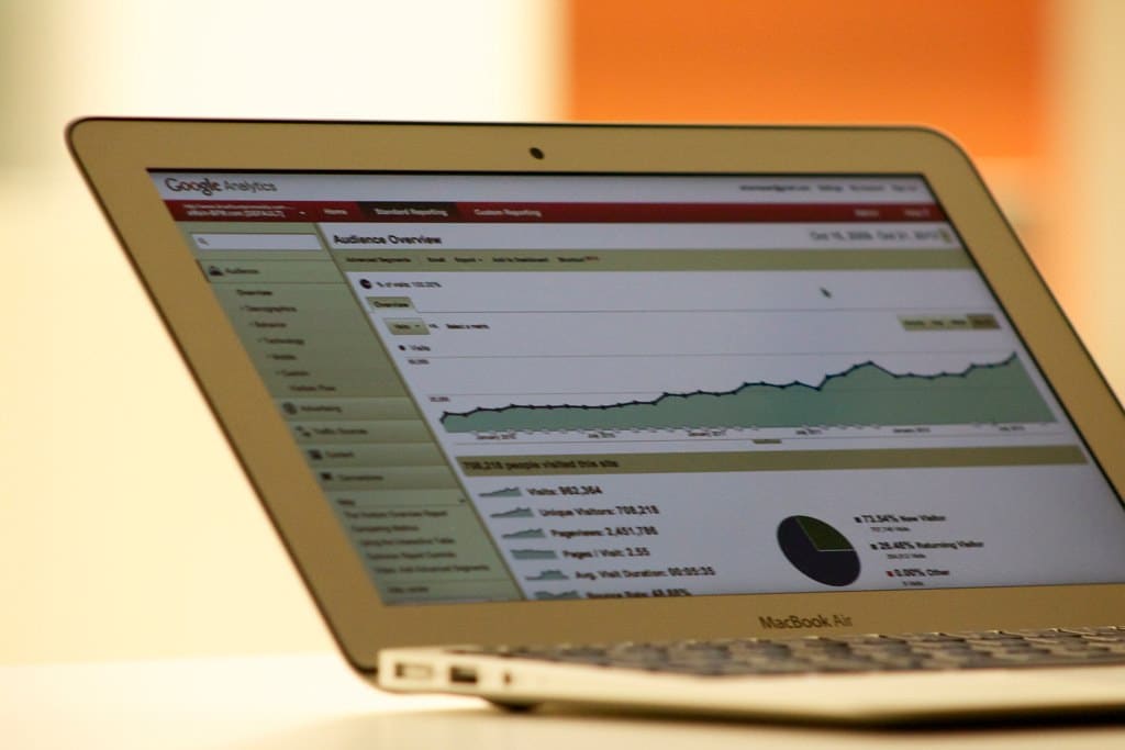 Portátil mostrando un panel de analítica web con la evolución de visitas.